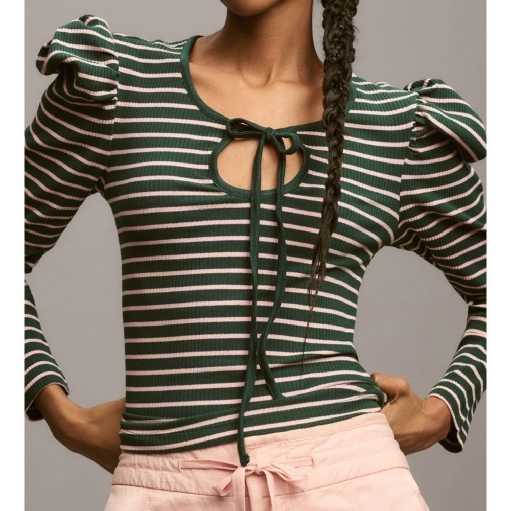 NEW ANTHROPOLOGIE PORRIDGE Puff-Sleeve Tie-Front Top in Dark Green & Pink Stripe